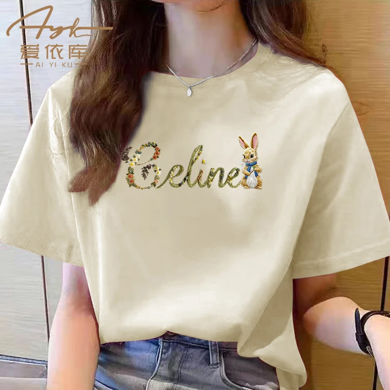 2024春夏纯棉T恤女舒适休闲情侣白色时尚百搭夏季小众宽松印花568