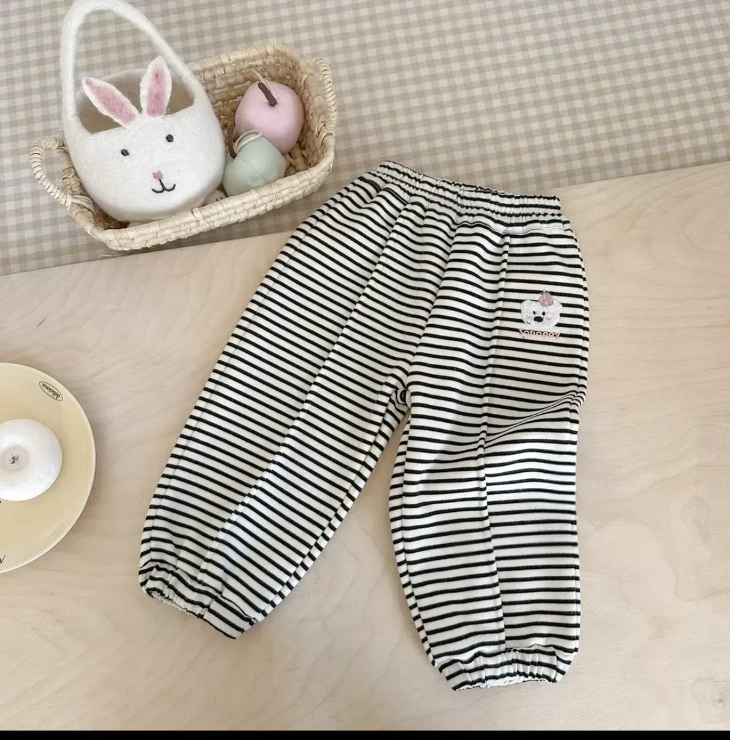儿童秋冬款加绒一体绒薄绒条纹宽松百搭束脚洋气小熊卫裤休闲裤
