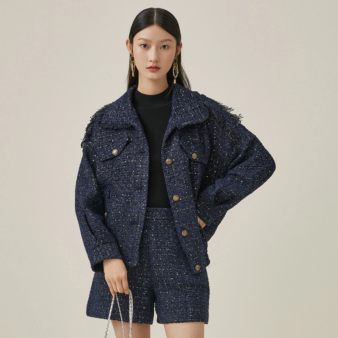 小香风粗花呢外套女秋冬季简约气质翻领短款上衣431613-96852