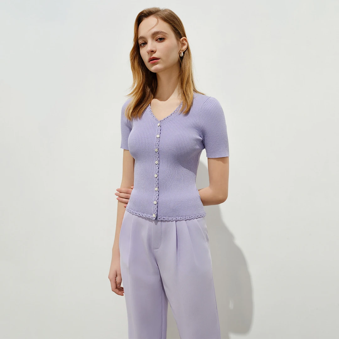 气质V领针织衫女夏季精致山纽扣设计感透气短袖Y733104662