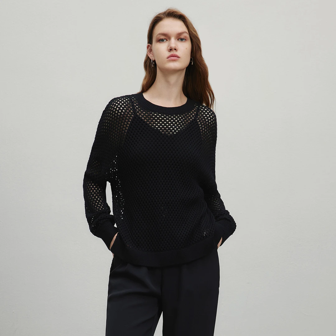 【籽言专属】法式网眼镂空套头针织衫夏季精致圆领长袖罩衫