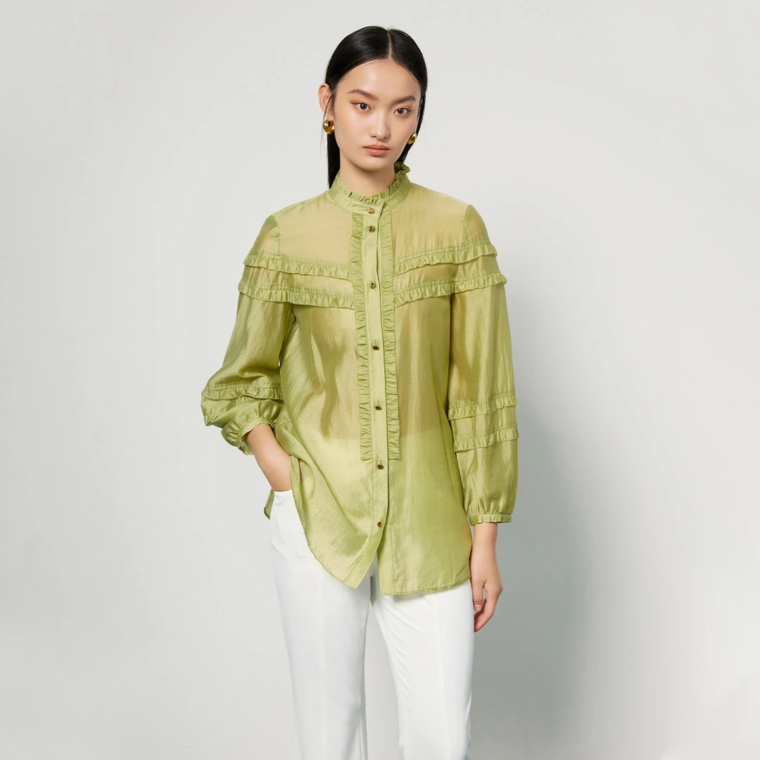 【籽言专属】衬衫女夏季小众木耳边立领灯笼袖通勤衬衣M331259