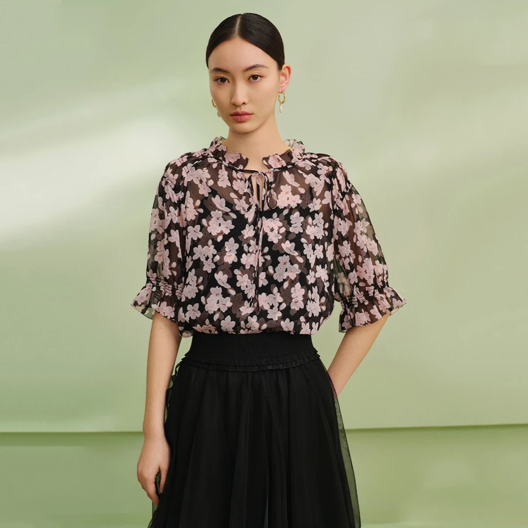 【专柜同款】M314104485曼德诗立领印花雪纺衫宽松两件套小衫女