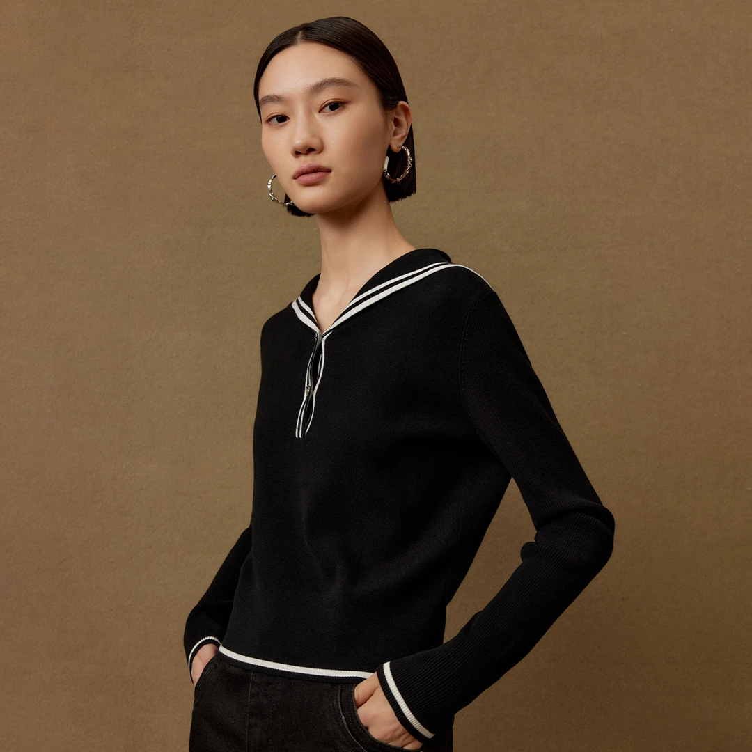 【曼德诗】时尚文艺针织衫学院风海军领减龄百搭套头衫MC733309505