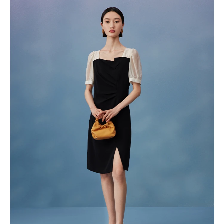 曼德诗莱赛尔天丝方领连衣裙黑白撞色弹力拼接茶歇裙MC534107819