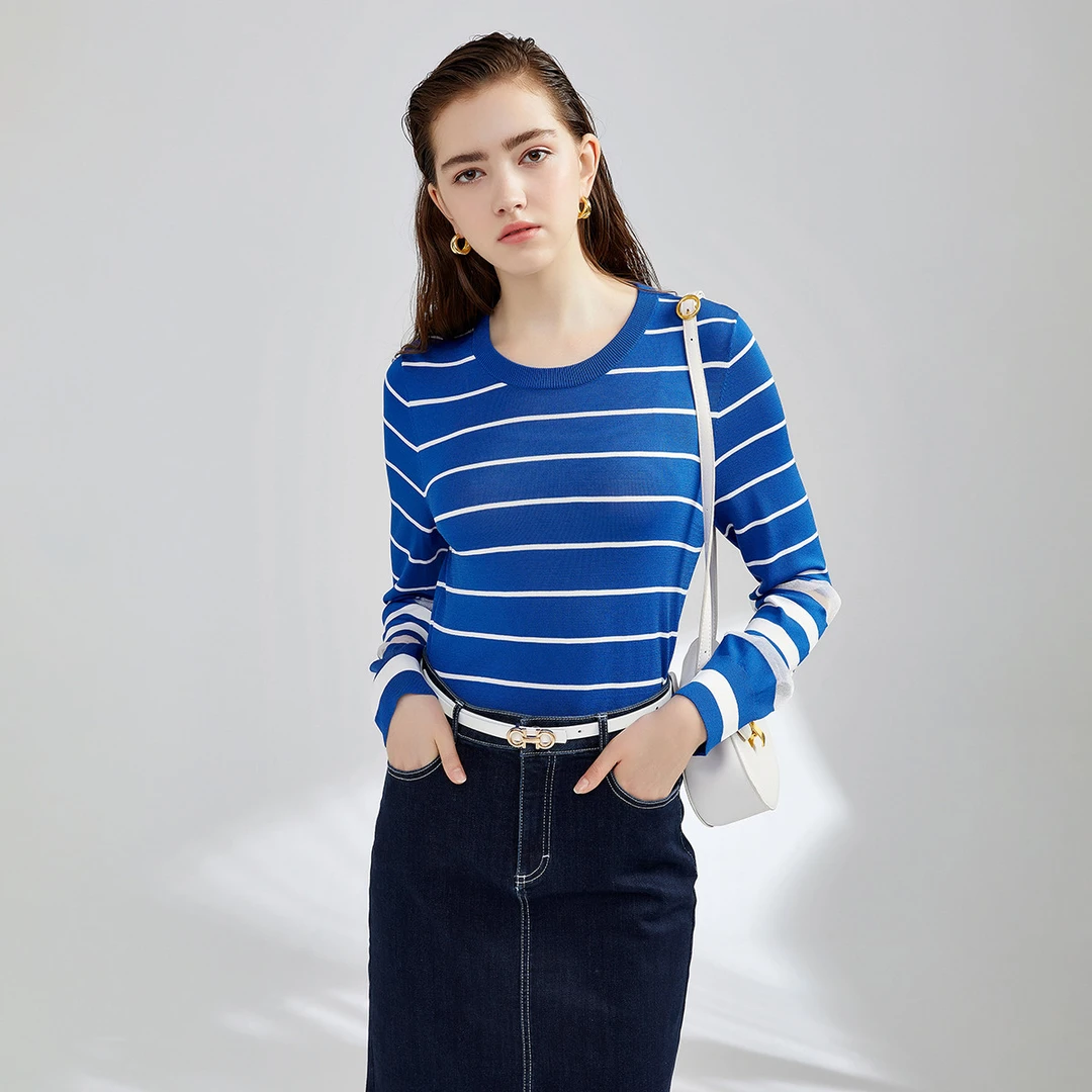 【小余专属】撞色条纹针织衫夏季网纱拼接设计感圆领长袖套头衫