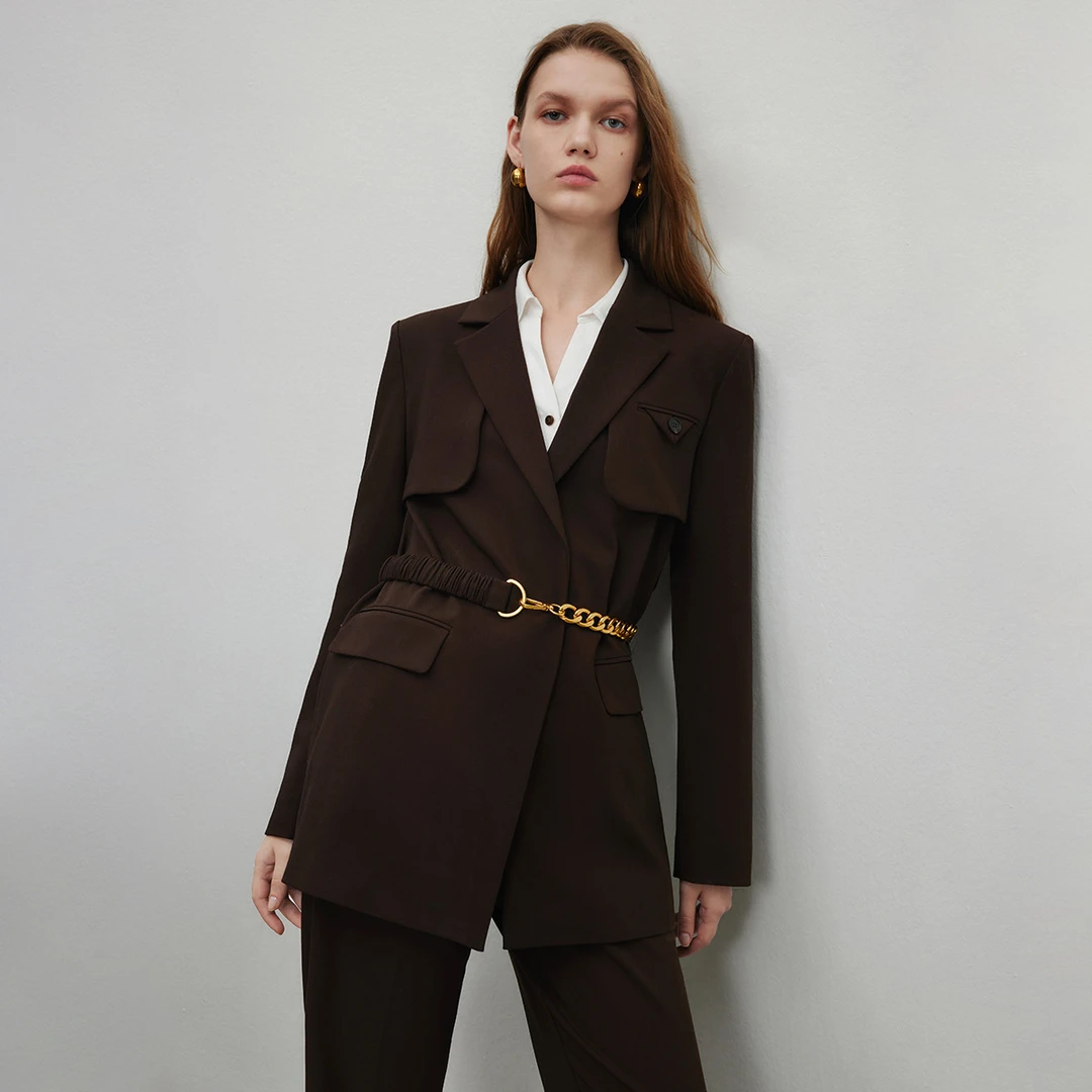 潮流气质西装外套女秋季可拆卸金属腰链造型感西服Y423301953
