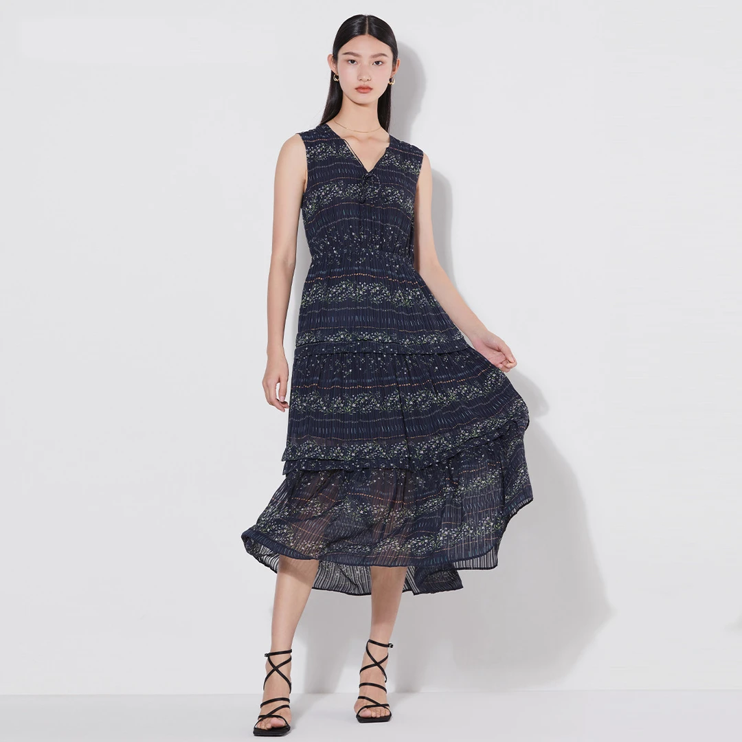 曼德诗碎花连衣裙女夏雪纺无袖中长裙V领法式高腰茶歇裙M500260