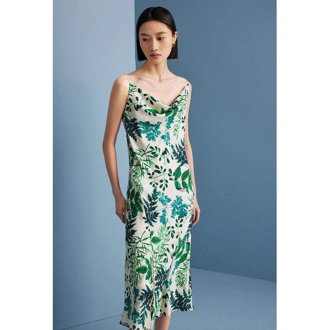 气质连衣裙夏季植物印花中长裙侧边开叉优雅吊带裙M534001301