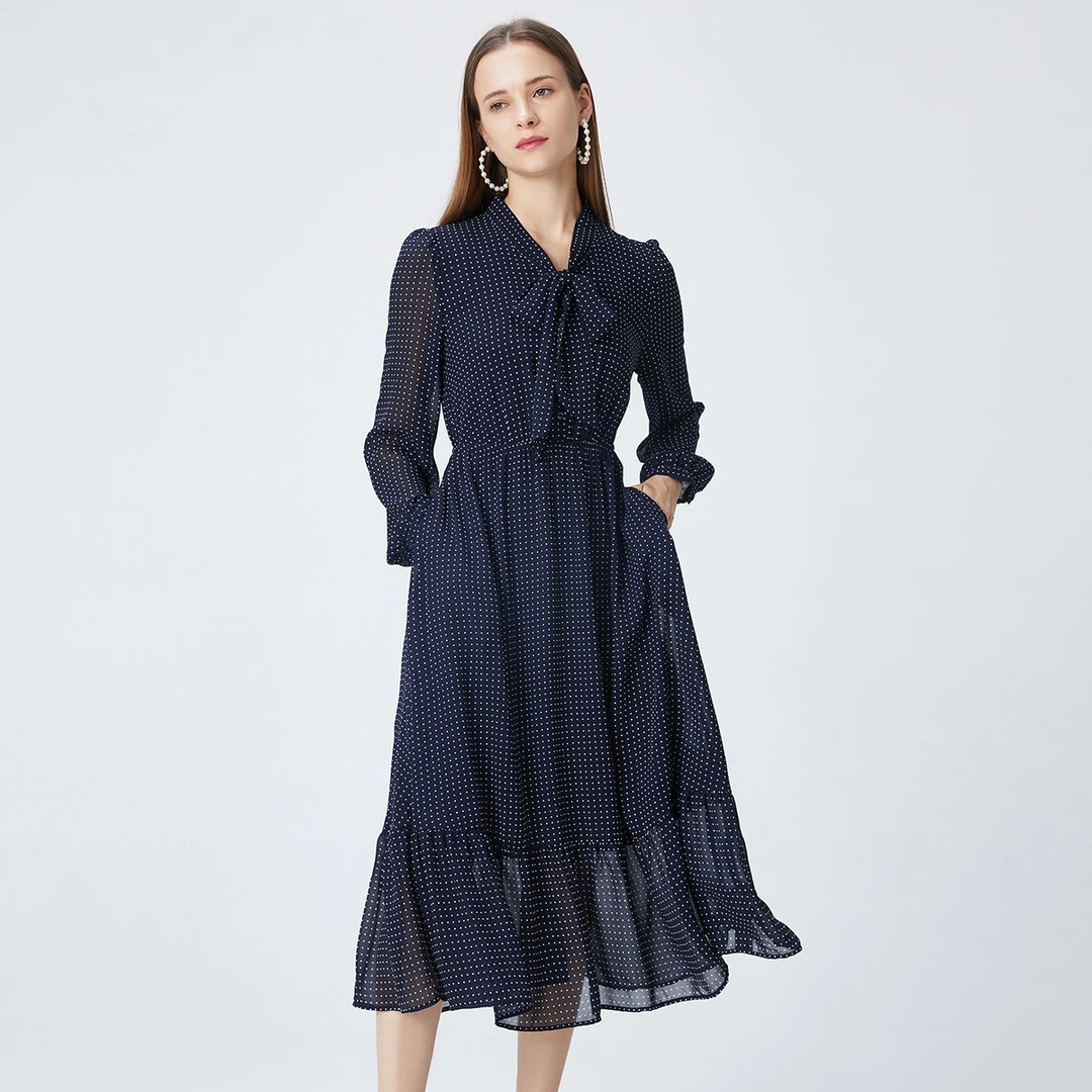 【陈大可】系带领连衣裙复古波点拼接收腰中长裙