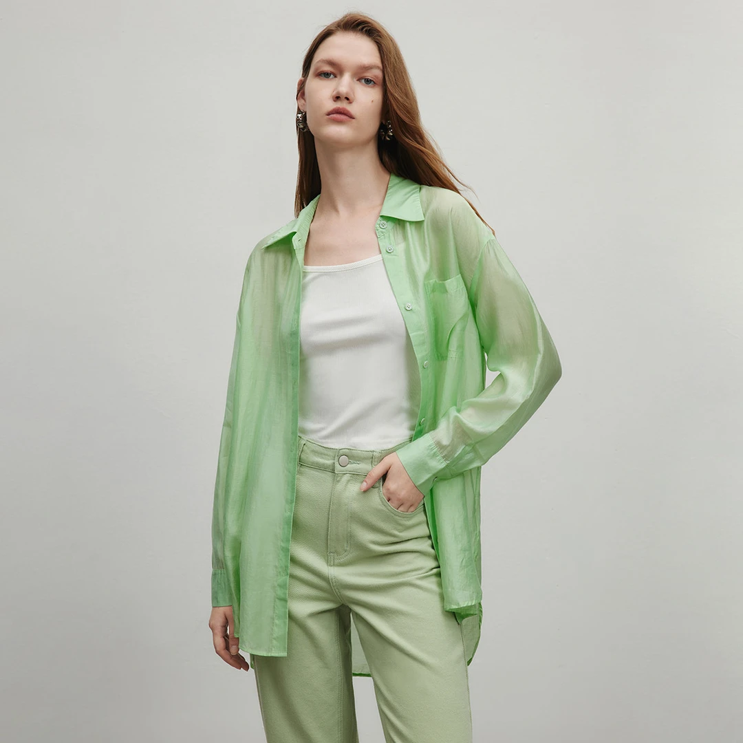 莱赛尔天丝衬衫夏季中性风落肩袖简约百搭衬衣女长袖Y311300444