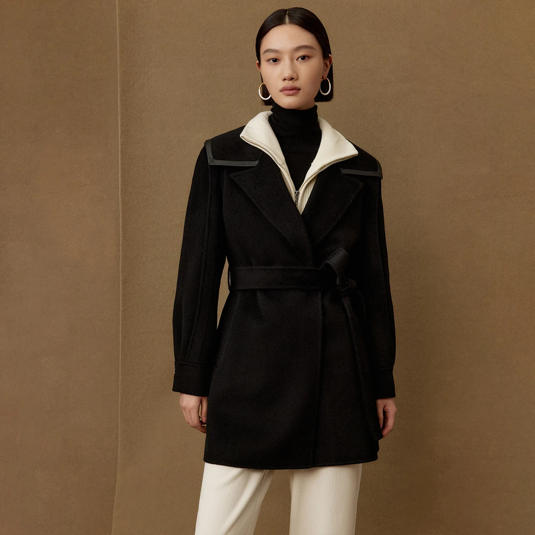 【曼德诗】舒适绵羊毛大衣女2023冬季设计感撞色外套MC426309768