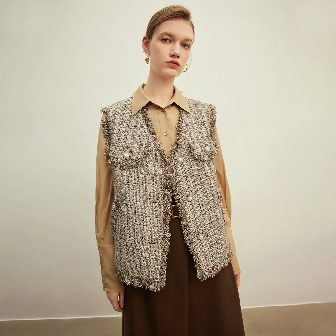 粗花呢小香风马夹秋季经典V领流苏设计感无袖外套