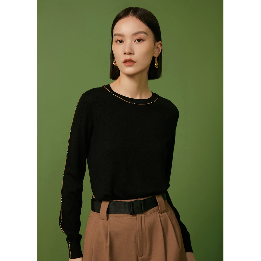 【曼德诗】桑蚕丝针织衫女秋冬款上衣圆领套头衫内搭打底衫M730100