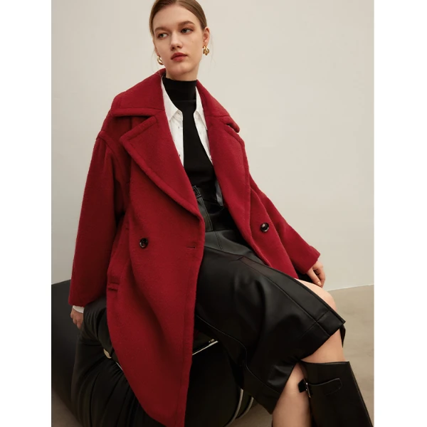 双面呢翻领大衣款赫本风设计感中长毛呢外套Y430707