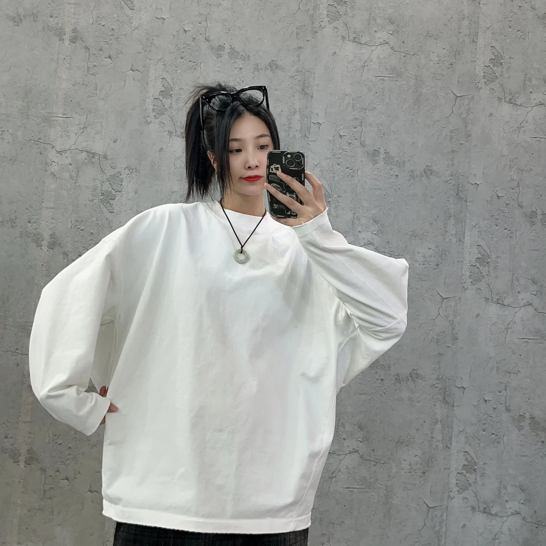 尹小鸡 大韩版磨破设计重磅420g蝙蝠袖廓形宽松长袖T恤男女 1217