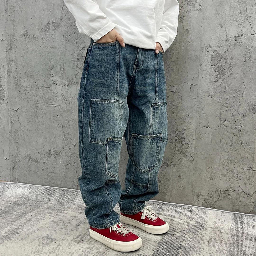尹小鸡 复古重磅水洗口袋拼接宽松微锥慵懒14盎司牛仔裤男女 1008