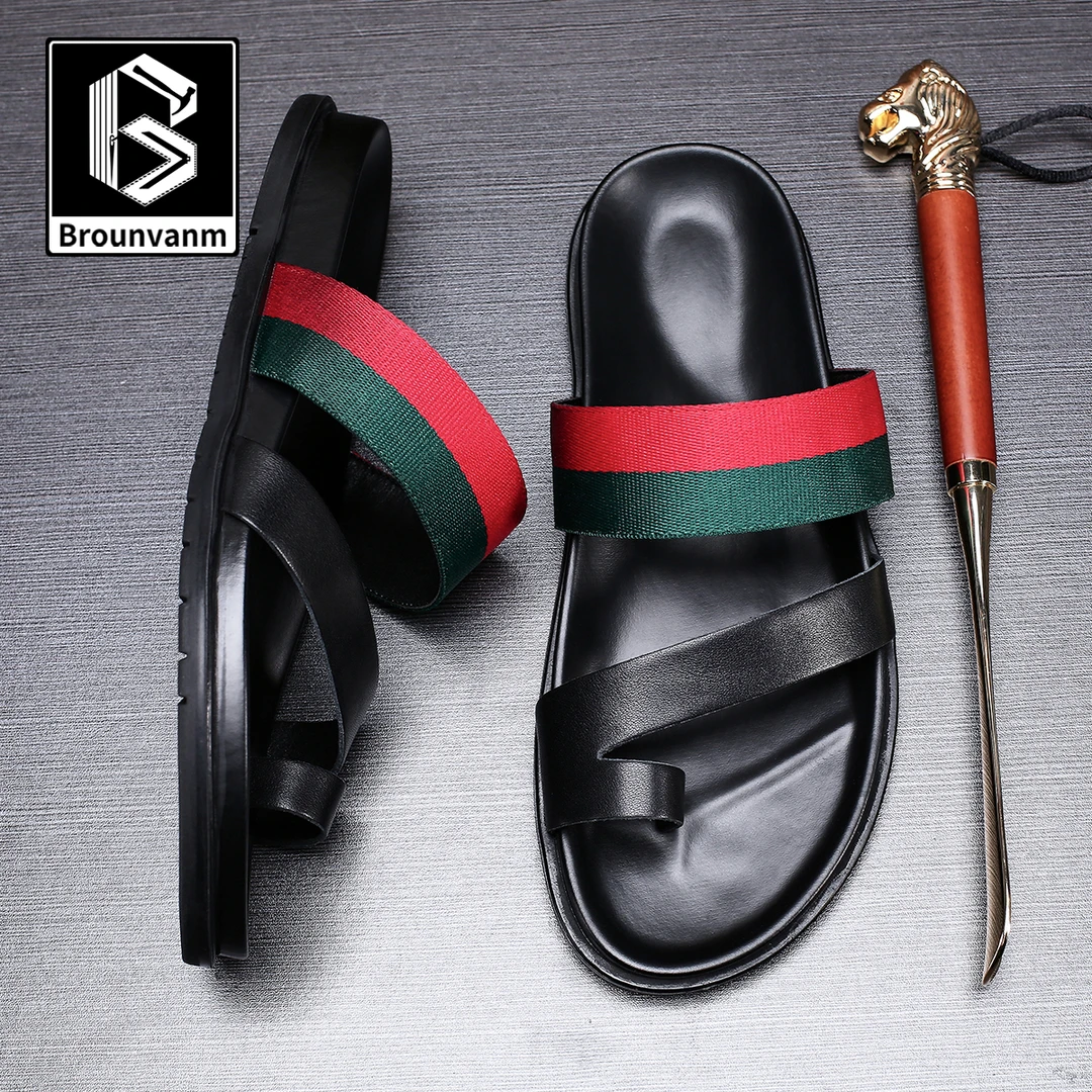 铂巍真皮人字拖鞋男士夏季拖鞋头层牛皮一字拖外穿防滑夹脚凉拖鞋