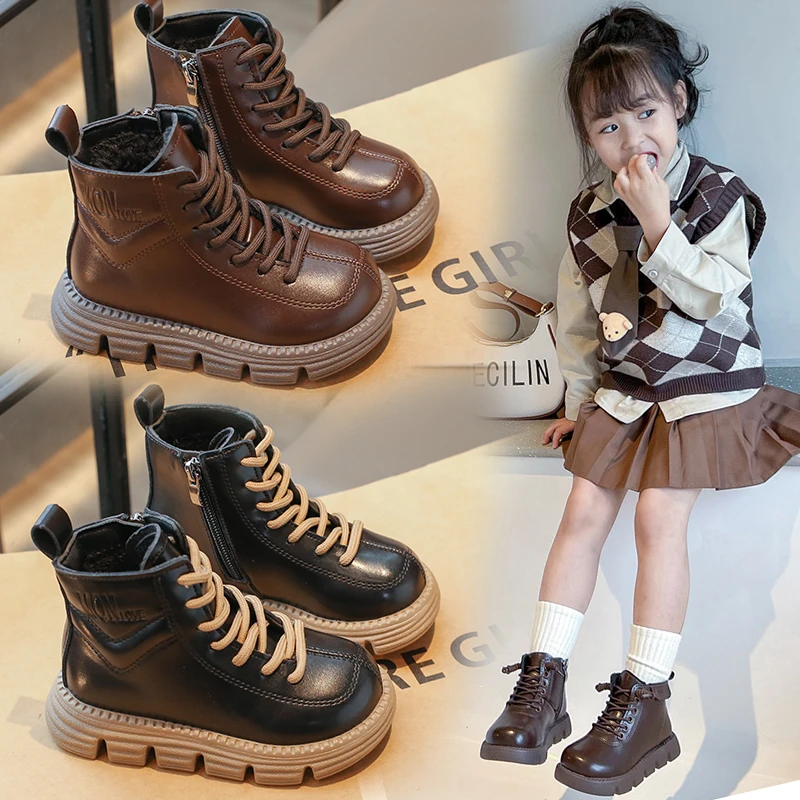 小锅锅女童马丁靴2023冬款中大童英伦风儿童加绒时尚低筒短靴1123