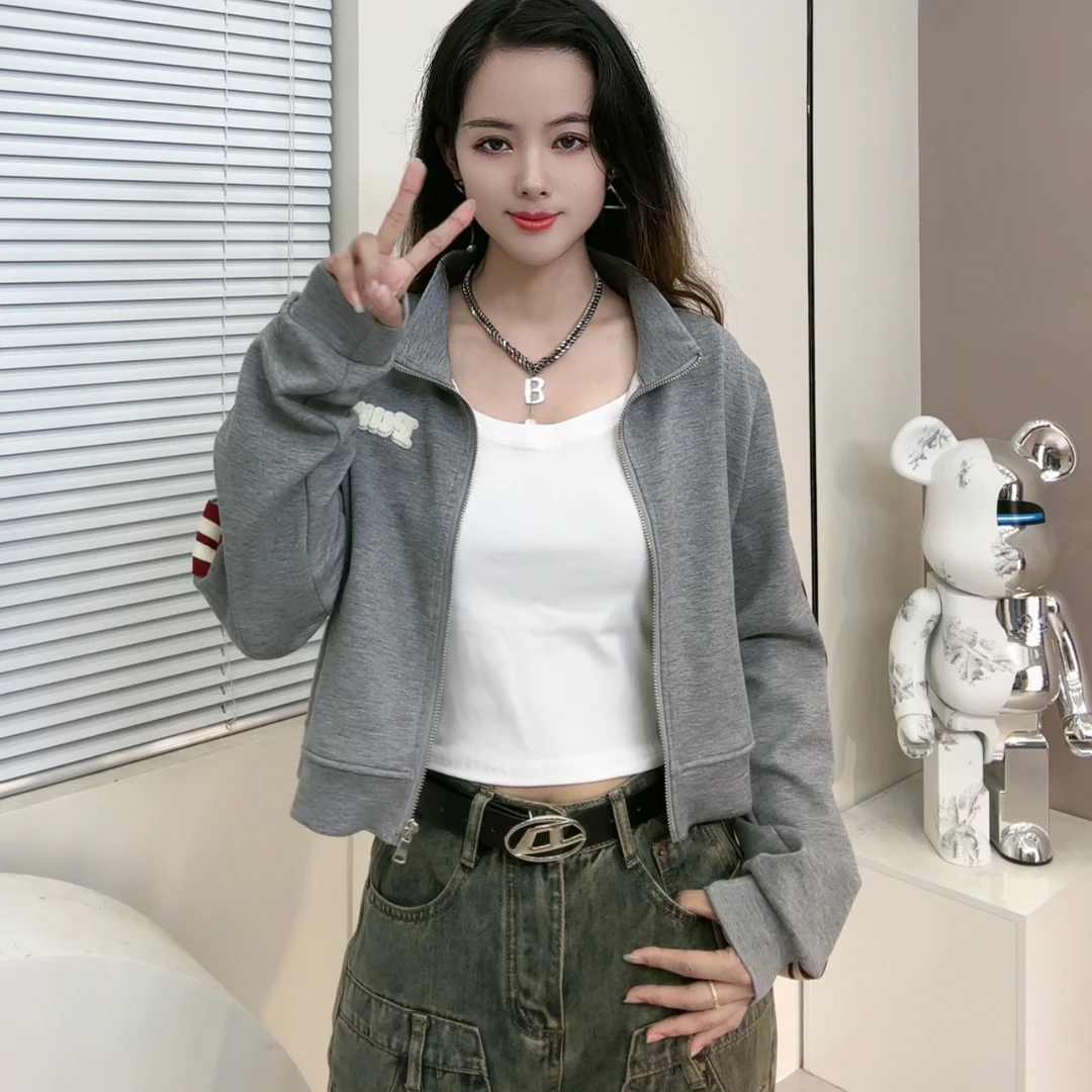 翻领拉链长袖卫衣外套女短款秋小个子慵懒风运动休闲宽松条纹上衣