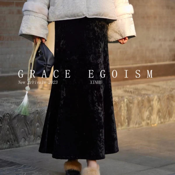 金禾【含苍黛】• 冬款加厚气质高腰黑色时尚钻石绒修身半身裙8857