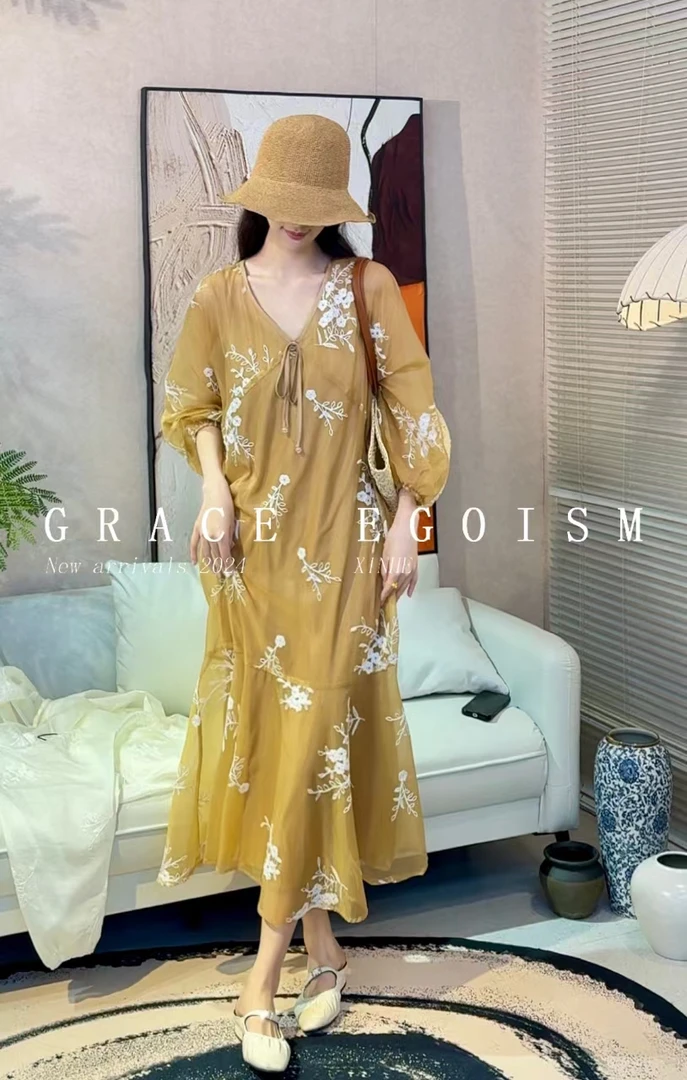 金禾【清风白茶】显瘦气质长裙复古法式收腰复古法式连衣裙1277