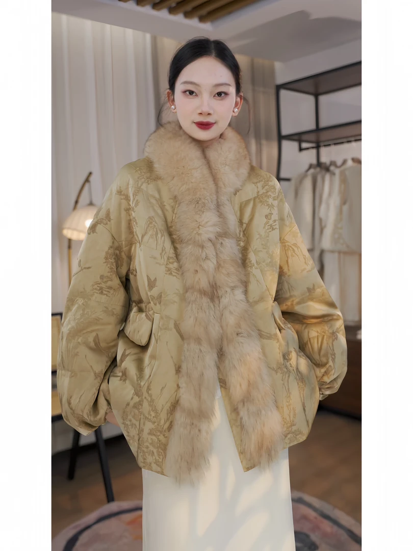金禾生活号【青丘风华】冬季新款国风缎面重工烧花狐狸毛鹅绒服1968