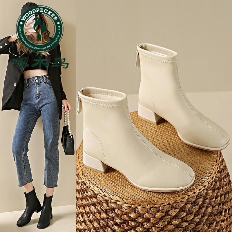 啄木鸟粗跟方头瘦瘦靴女大码马丁靴新款秋冬季韩版百搭单靴小短靴