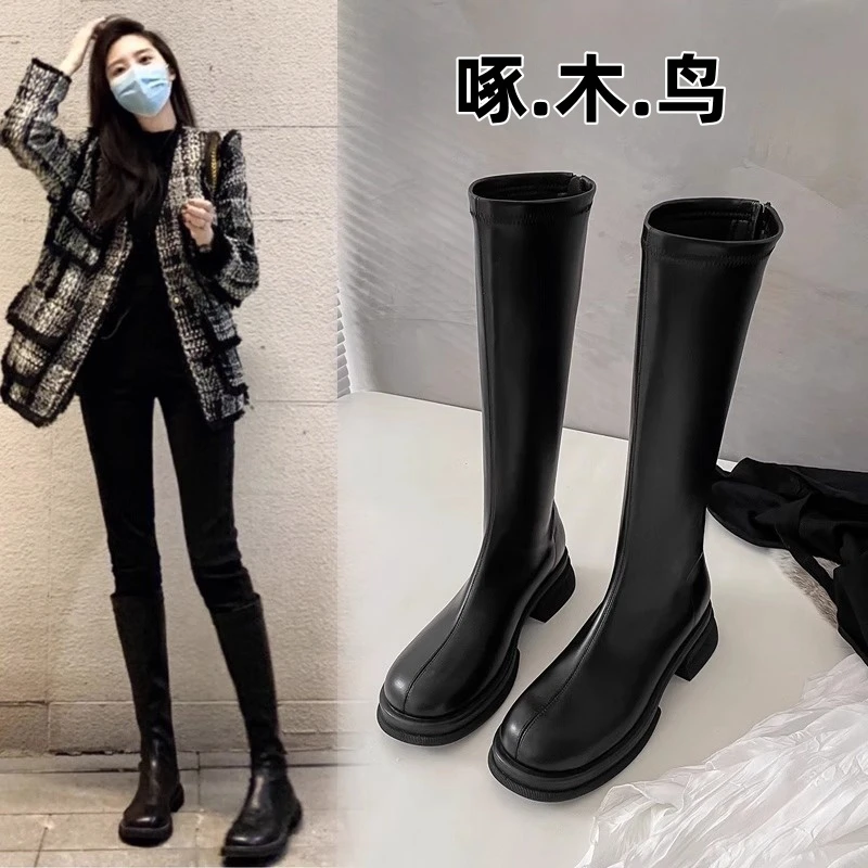 啄木鸟高筒靴女2024秋冬新款加绒长筒靴厚底骑士靴弹力不过膝长靴