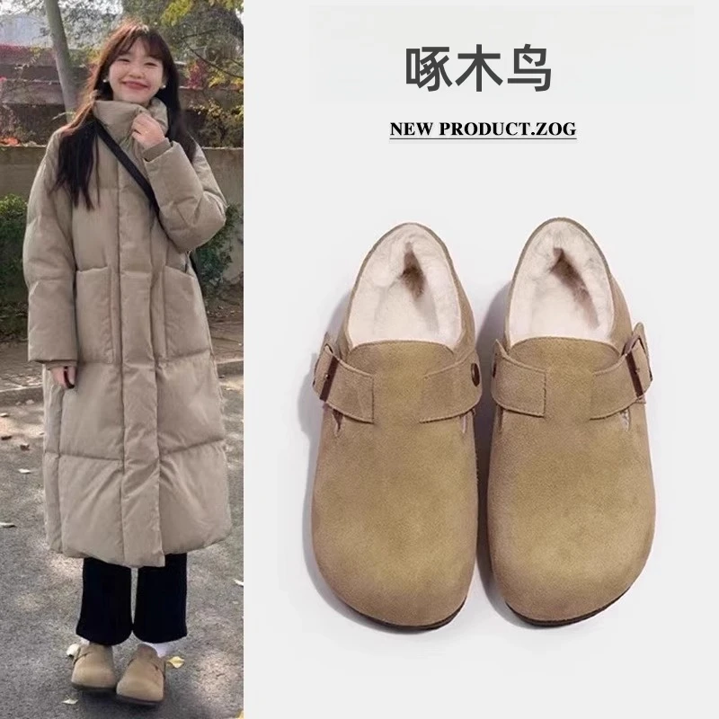 啄木鸟勃肯鞋女款秋冬毛毛鞋加绒保暖雪地棉鞋子一脚蹬博肯豆豆鞋