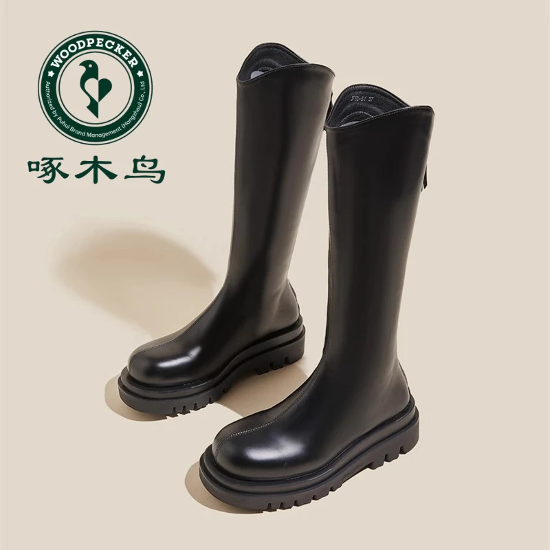 啄木鸟厚底长筒靴女2025新款秋冬季加绒百搭过膝高筒靴骑士靴女靴