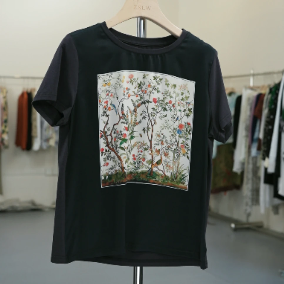 新款前面桑蚕丝后面棉短袖上衣T恤宽松领印花气质  LW   1353