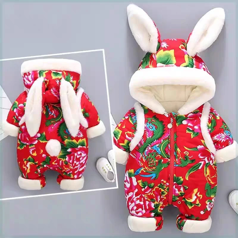 婴儿冬季连体衣女宝宝加绒加厚外出服东北大花棉服