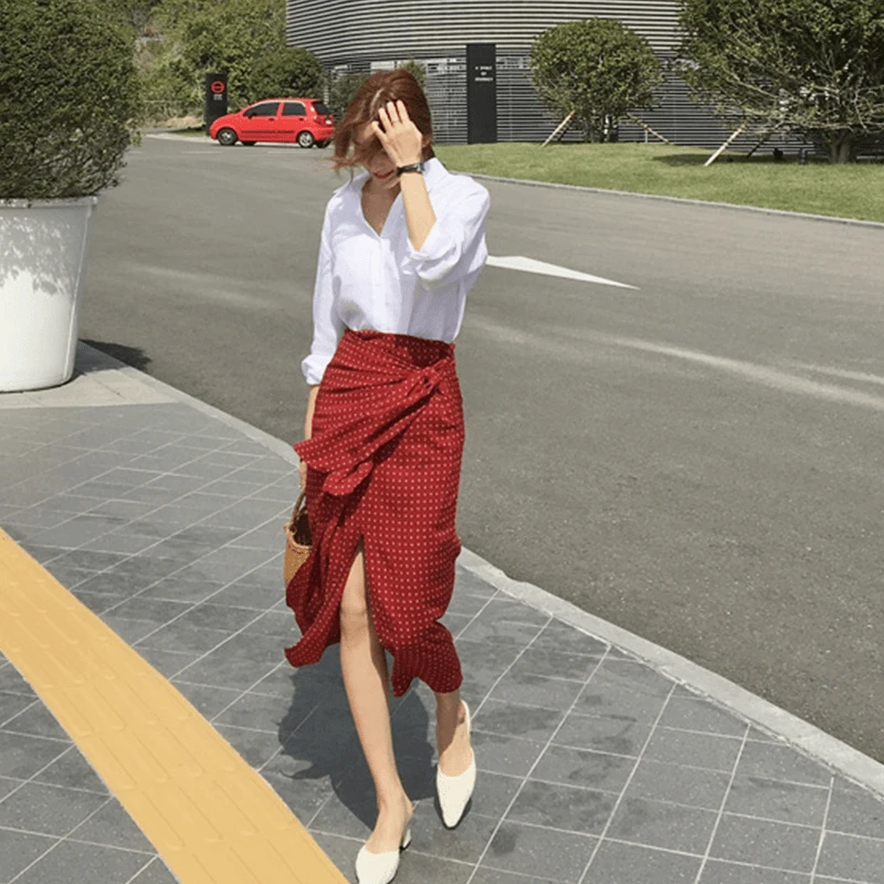 红色夏款中长款包臀裙显瘦半身裙时尚高腰气质法式韩版开叉设计感