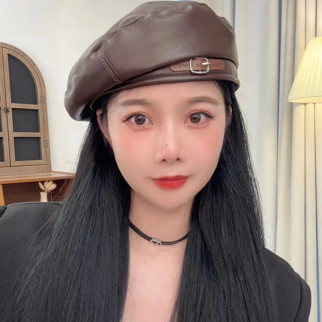 诗华诺奇皮扣皮质贝雷帽复古网红帽时尚秋冬ins韩版气质简约小众