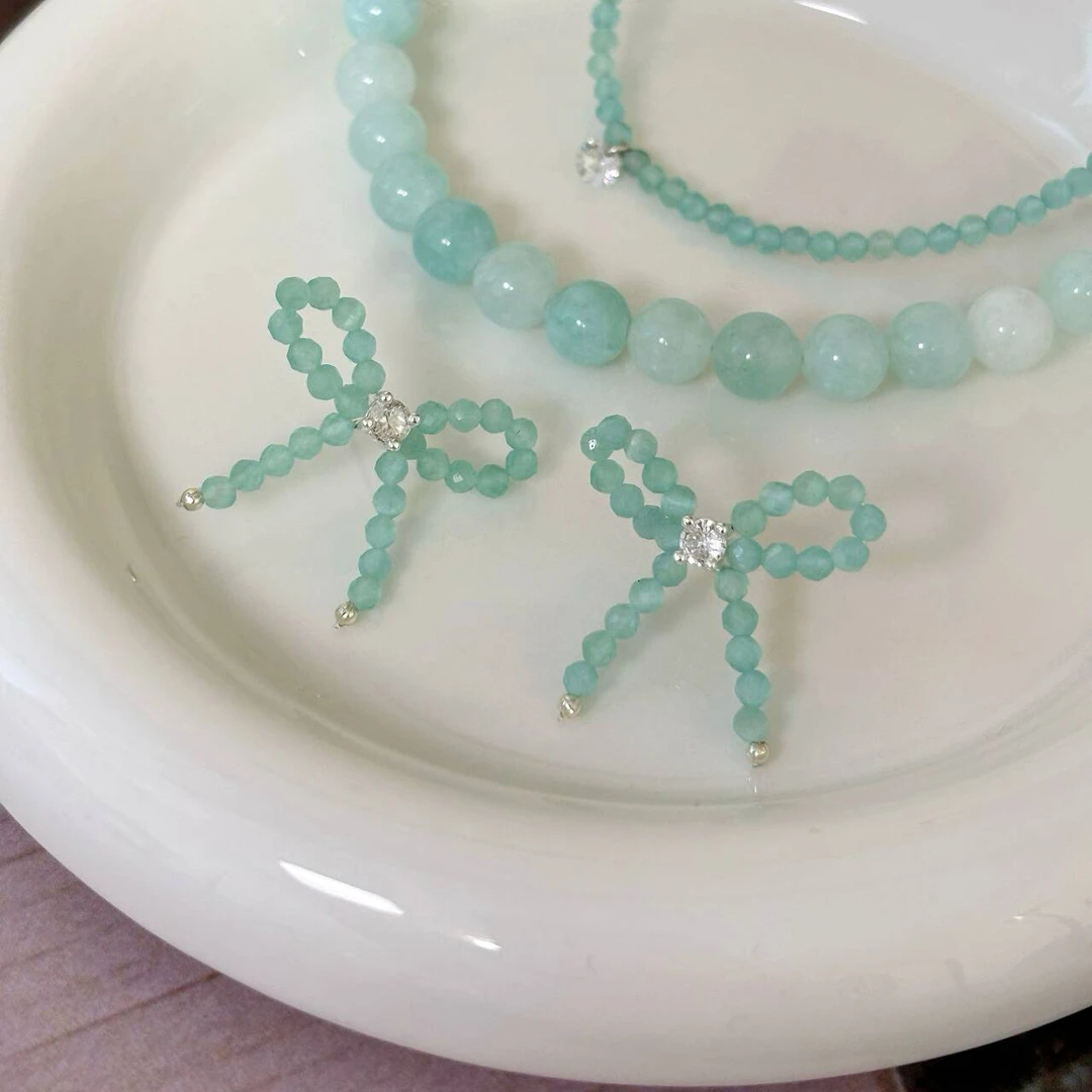 非金属合成锆石耳饰 薄荷曼波｜精致清新蝴蝶结耳环 DD05