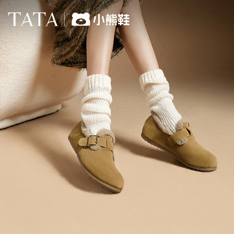 TATA他她小熊鞋复古勃肯鞋女鞋加绒毛毛鞋单鞋冬新款CGQ02DM4