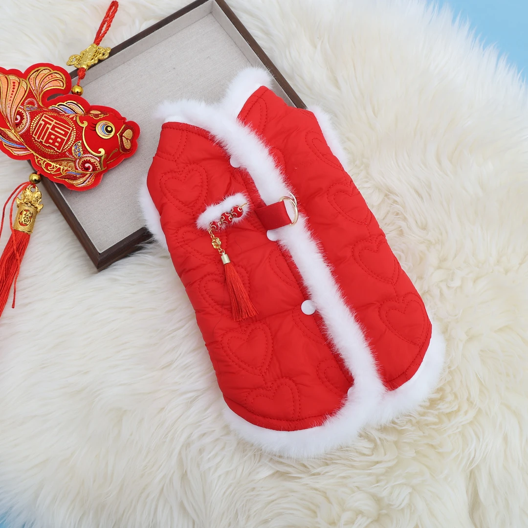 狗狗冬季加棉保暖喜庆新年后背开扣可牵引棉衣泰迪比熊猫咪拜年服