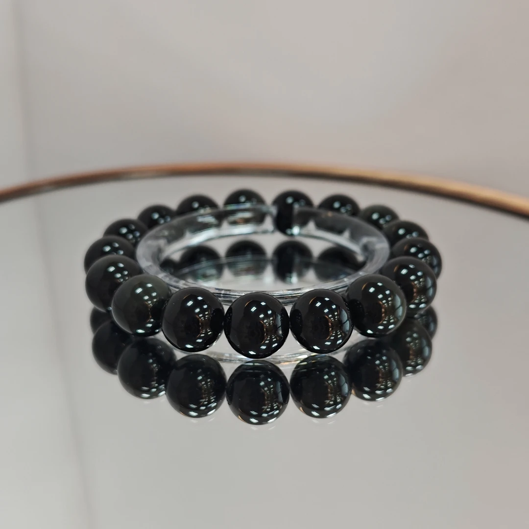 天然黑曜石金曜石银钥匙大气男女老幼通戴8mm、手串10mm大气霸气