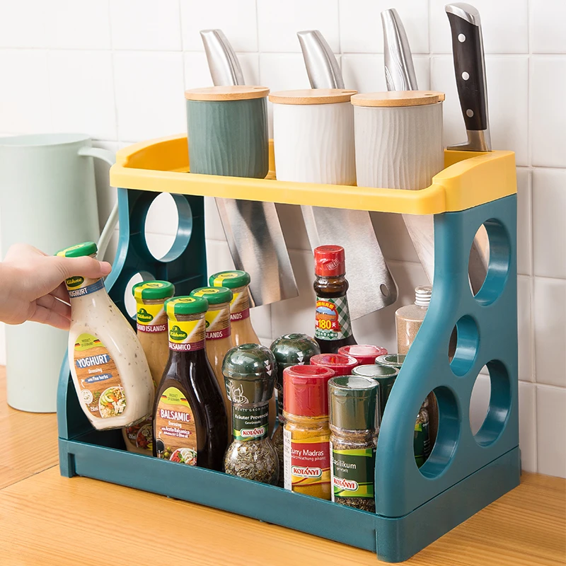厨房置物架家用塑料多层落地刀架台面调料盒收纳架调味品储物架子