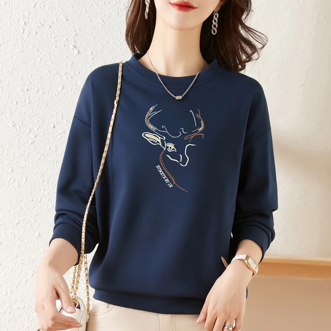 圆领卫衣2026新款刺绣打底上衣纯色商级秋冬外套显瘦洋气女上衣新