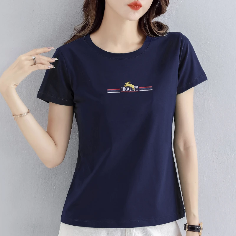 精梳棉时尚圆领短袖t恤女夏季新款洋气百搭显瘦简约女士70后上衣