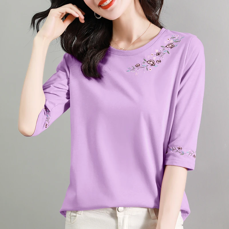 2025夏季新款紫色纯棉女装中袖T恤圆领显瘦洋气韩版百搭女士上衣
