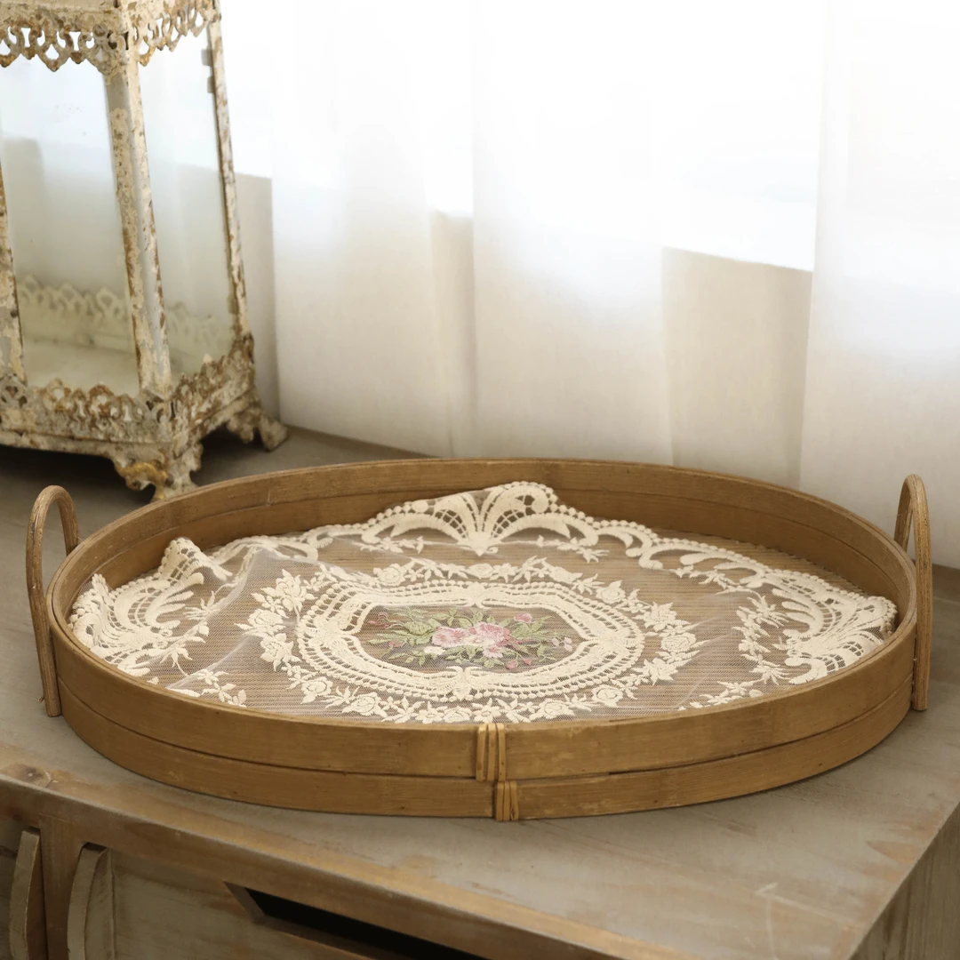 原木风家居酒店餐桌客厅藤木编织托盘装饰含蕾丝圆形椭圆