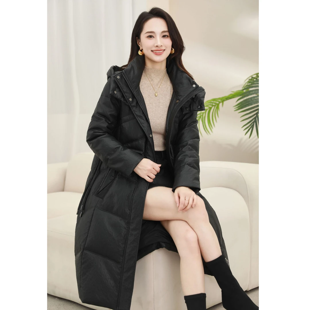 2024新款冬季连帽休闲加厚保暖修身长款皮鹅绒服女8006