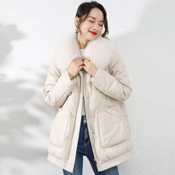 新款狐狸毛领羽绒服女中长款大口袋白鸭绒皮面外套7302