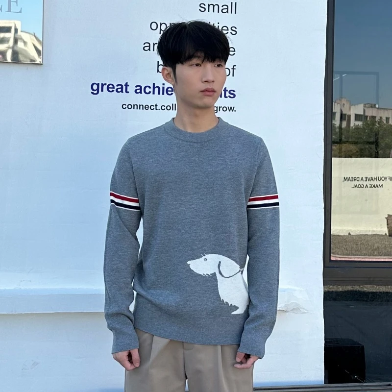 秋冬新品轻奢圆领针织衫双彩拼色小狗潮流百搭雅痞风男士上衣