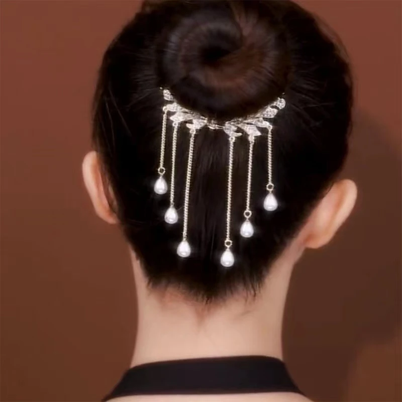 合金发饰 珍珠水钻麦穗流苏发夹后脑勺丸子头盘发神器气质马尾扣