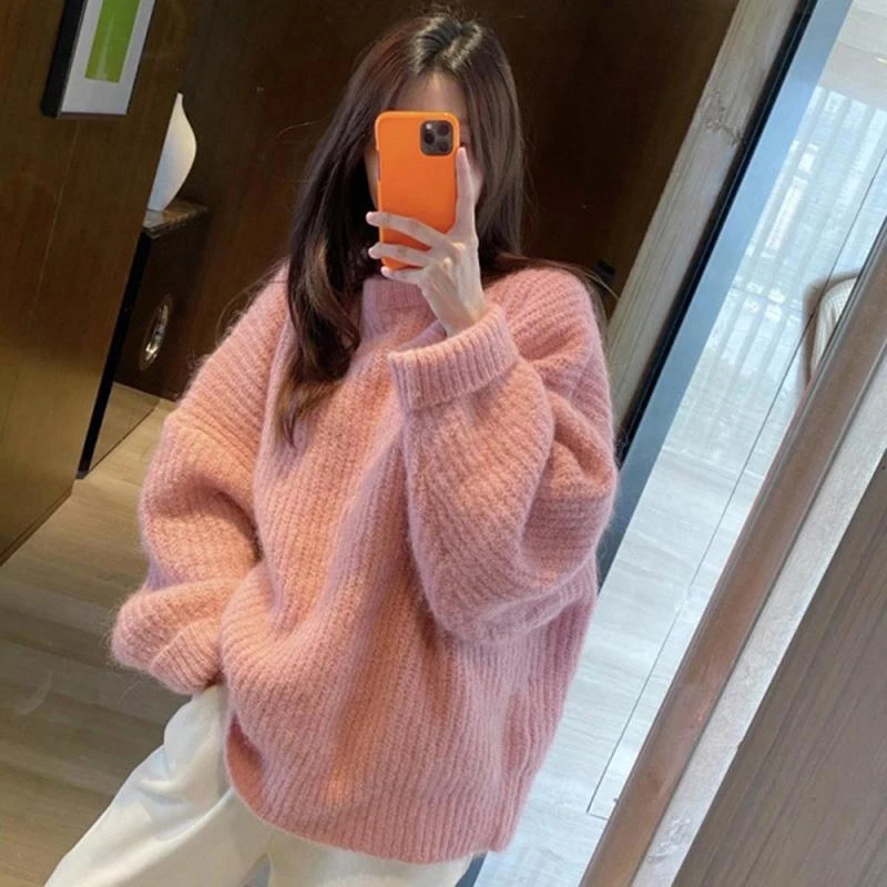 粉色加厚毛衣女2023秋冬新宽松慵懒风温柔软糯甜美冬季针织衫上衣