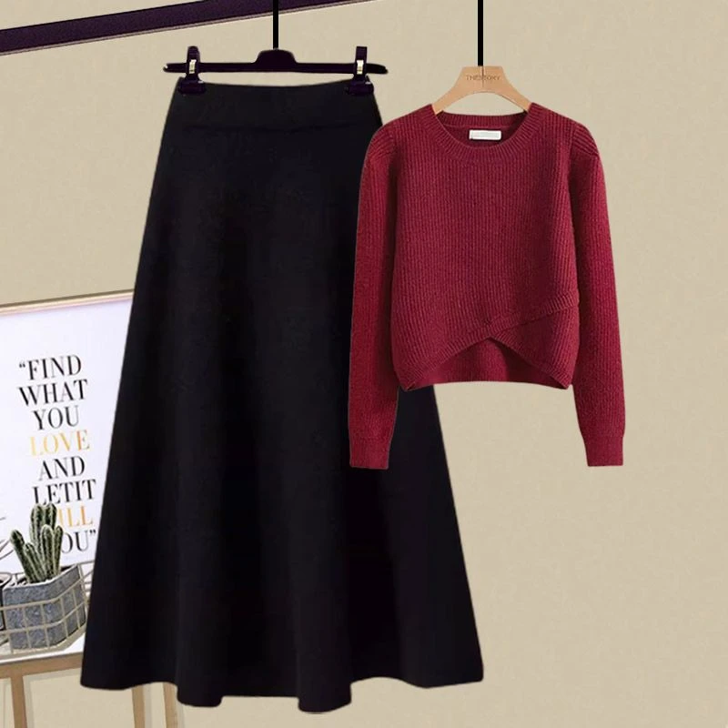 冬穿搭一整套装2023新款高级感不规则针织毛衣显瘦半身裙两件套